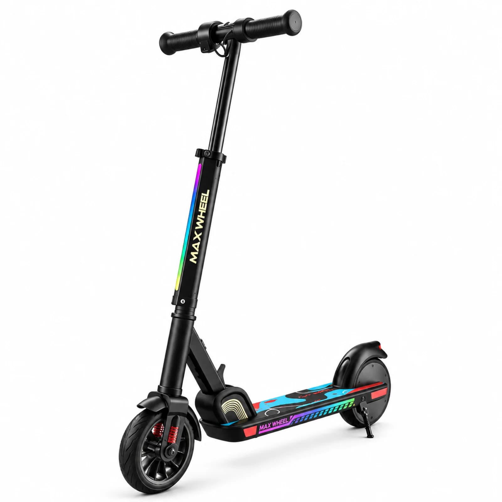 Monopatín eléctrico Maxwheel S2 para niños, tres cuartos de frente, con luces LED en la plataforma