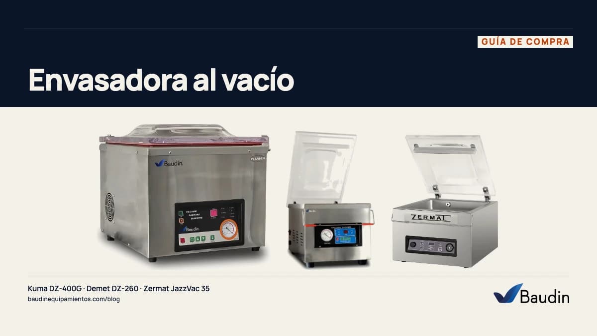 Portada de la guía «Envasadora al vacío» con Kuma DZ-400G, Demet DZ-260 y Zermat JazzVac 35, equipos de Baudin Equipamientos