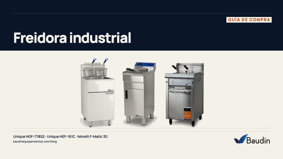 Portada de la guía «Freidora industrial» con Unique HGF-778S2, Unique HEF-161C y Morelli F-Matic 30, equipos de Baudin Equipamientos