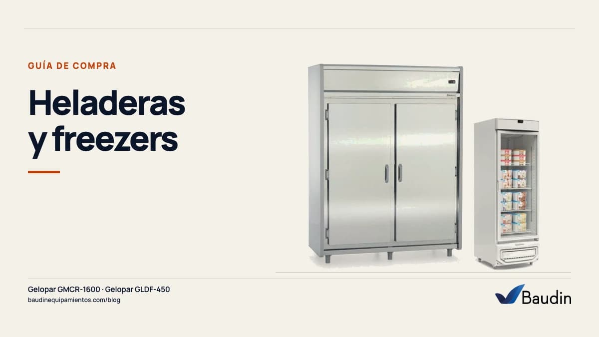 Portada de la guía «Heladeras y freezers» con Gelopar GMCR-1600 y Gelopar GLDF-450, equipos de Baudin Equipamientos