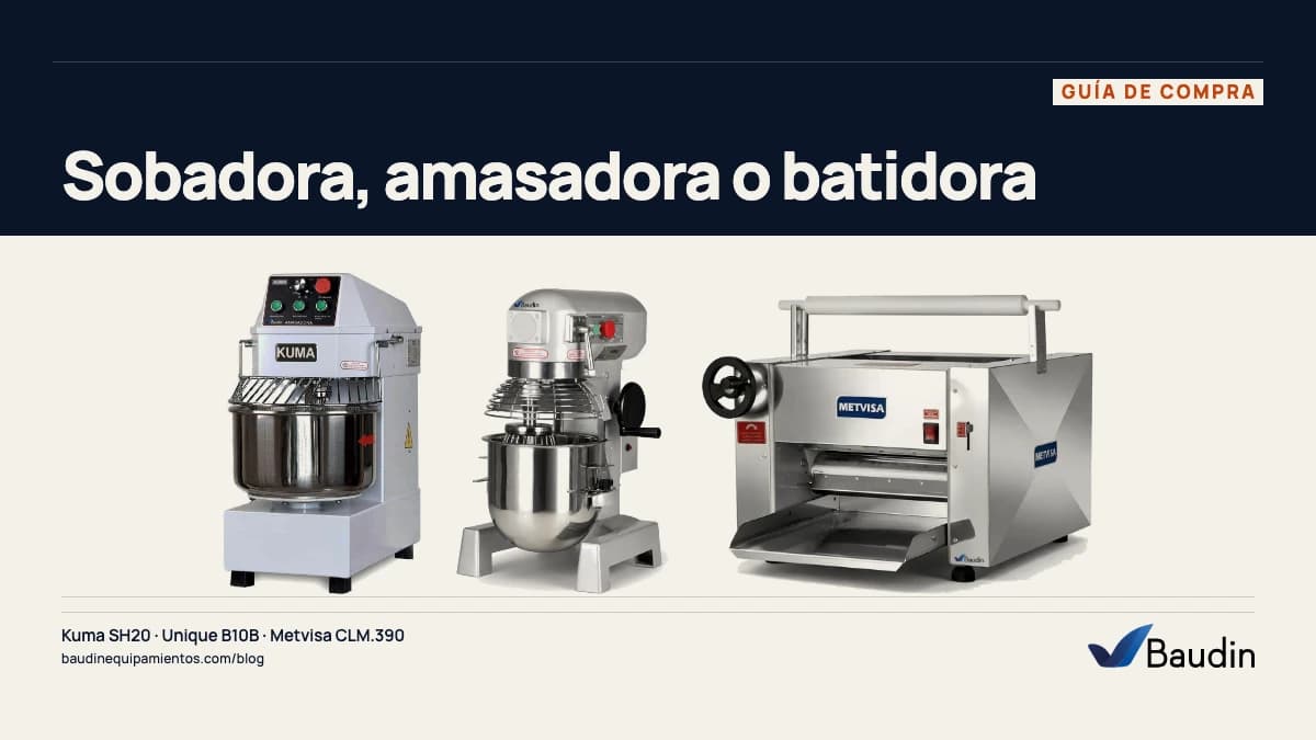 Portada de la guía «Sobadora, amasadora o batidora» con Kuma SH20, Unique B10B y Metvisa CLM.390, equipos de Baudin Equipamientos