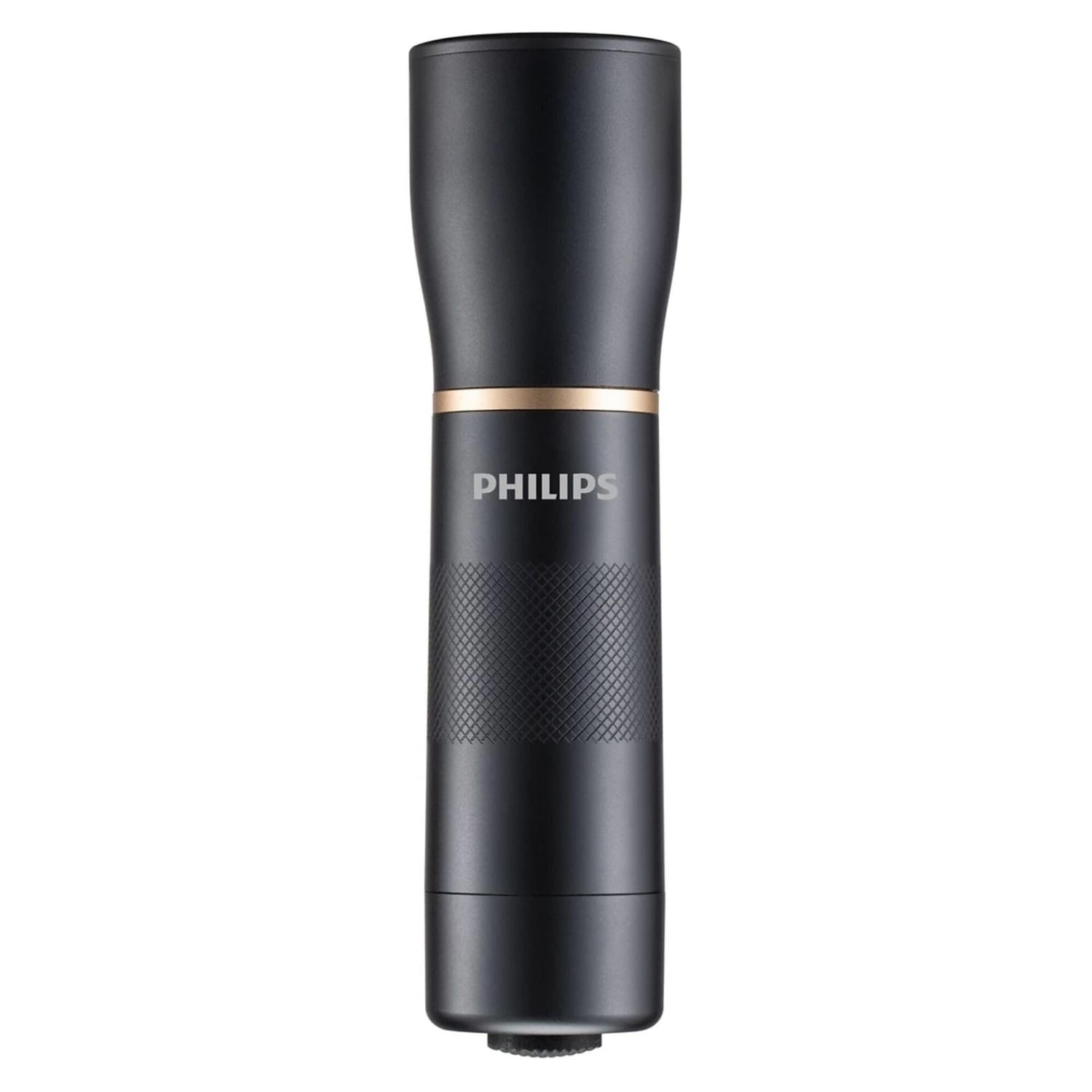 Linterna LED Pro Philips SFL7001T77 negra con anillo dorado y logo Philips, vista vertical