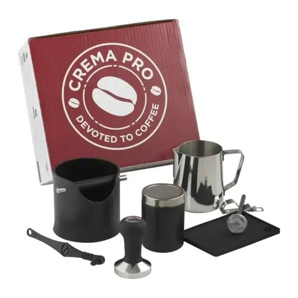 Kit Barista Crema Pro color negro 620897 Tamper Knock Box Jarra de Leche termometro dispensador de chocolate en polvo alfombirlla para tamper y pincel para limpieza