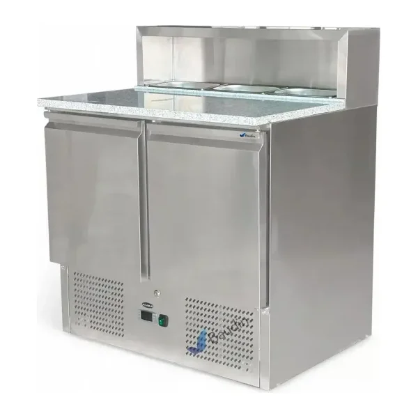 Bajo Mostrador Refrigerado con Topinera de acero inoxidable 90 cm ancho 2 puertas comercial 3 cubas con frio marca Kuma PS900