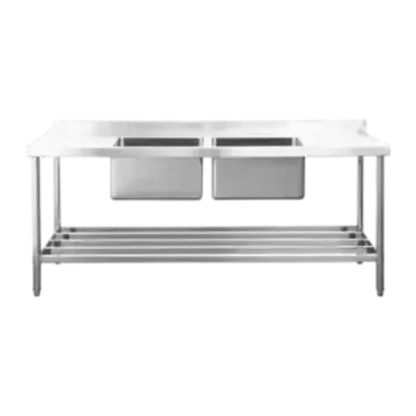 Mesa de Acero Doble pileta 190×60 cm zócalo y estante | Jameco VENELP-190SDI