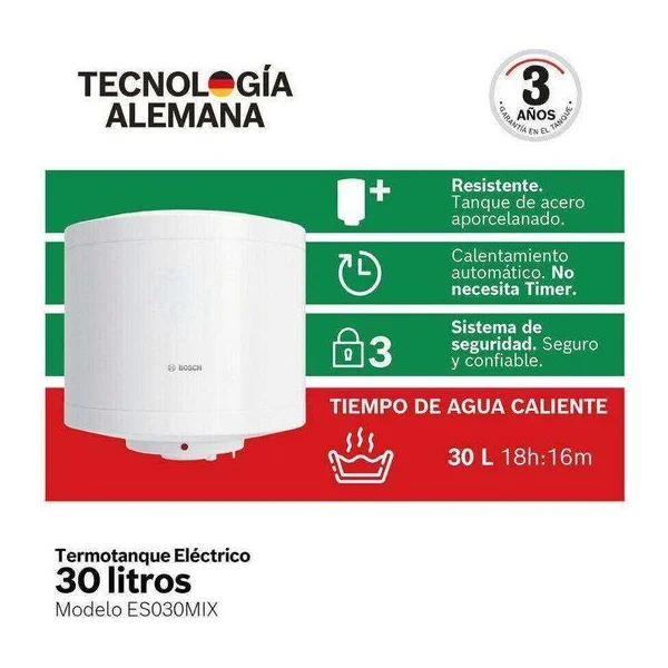 Termotanque eléctrico Bosch ES030MIX 30 L tanque esmaltado aislamiento 32 mm