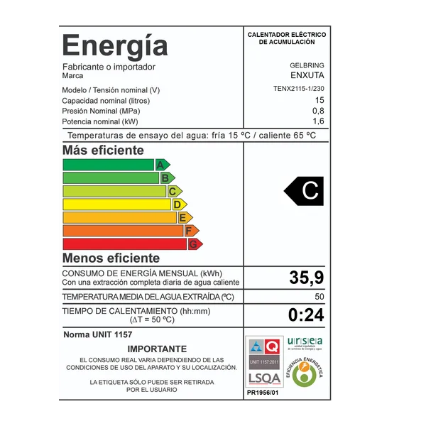 Termotanque de acero 15 litros cilíndrico | Enxuta TENX2115-1