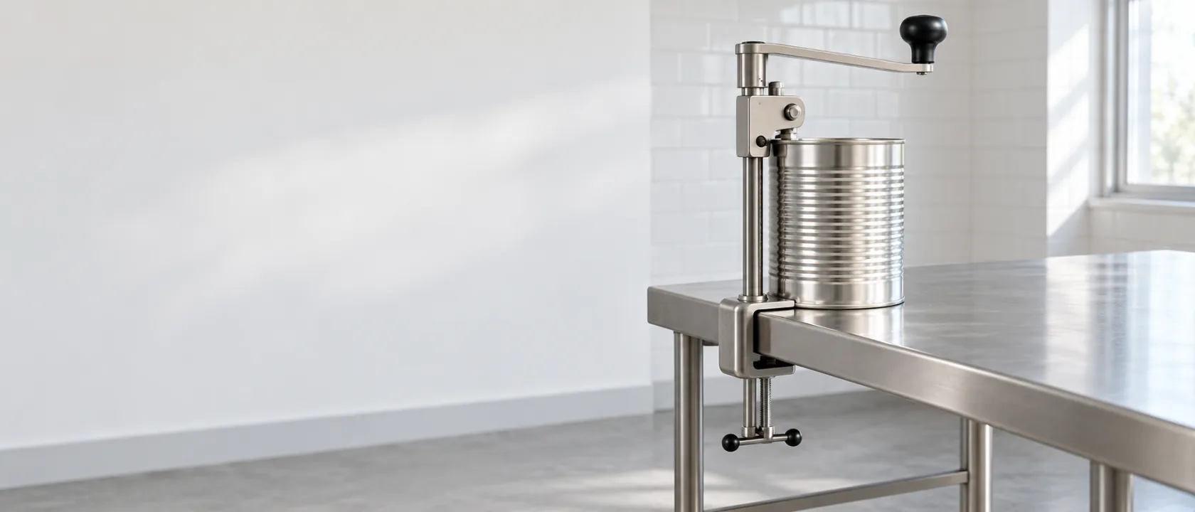 Abrelatas industrial de acero inoxidable fijado al borde de una mesa de trabajo, con una lata lista para abrir.