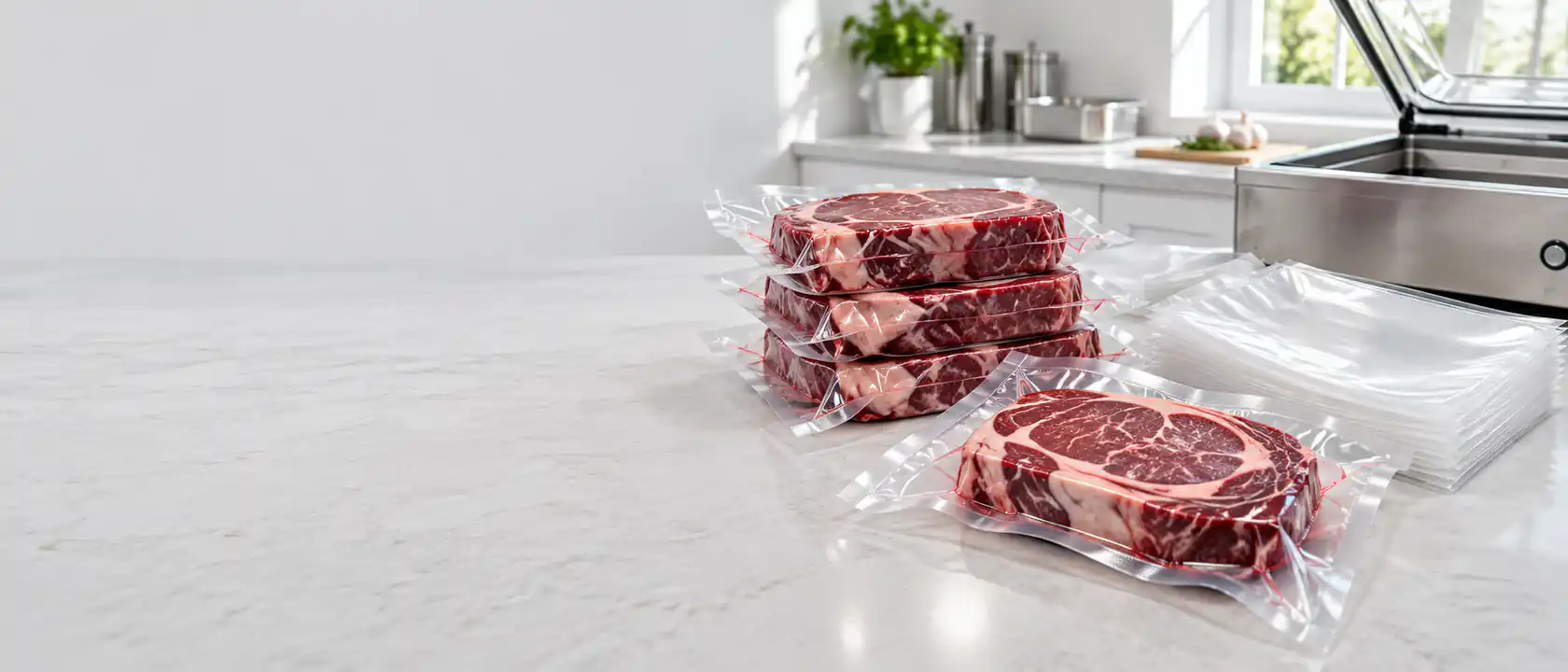 Bife envasado al vacío en bolsa lisa transparente