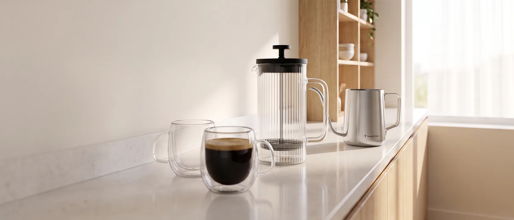 Cafetera italiana Tramontina de acero inoxidable para espresso, vista frontal
