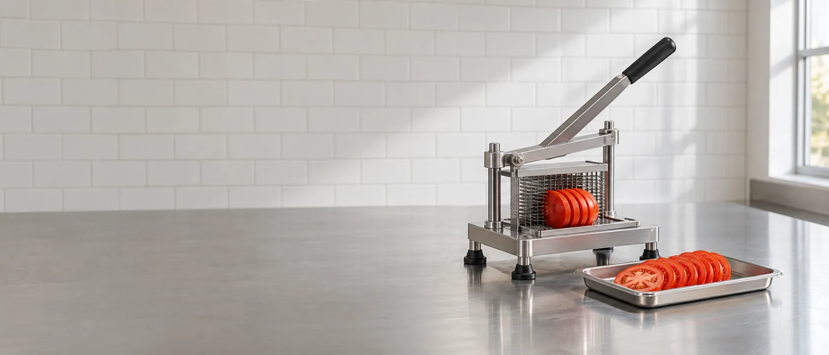Cortadora de tomates manual sobre una mesa de acero, con un tomate en rodajas parejas en una bandeja.