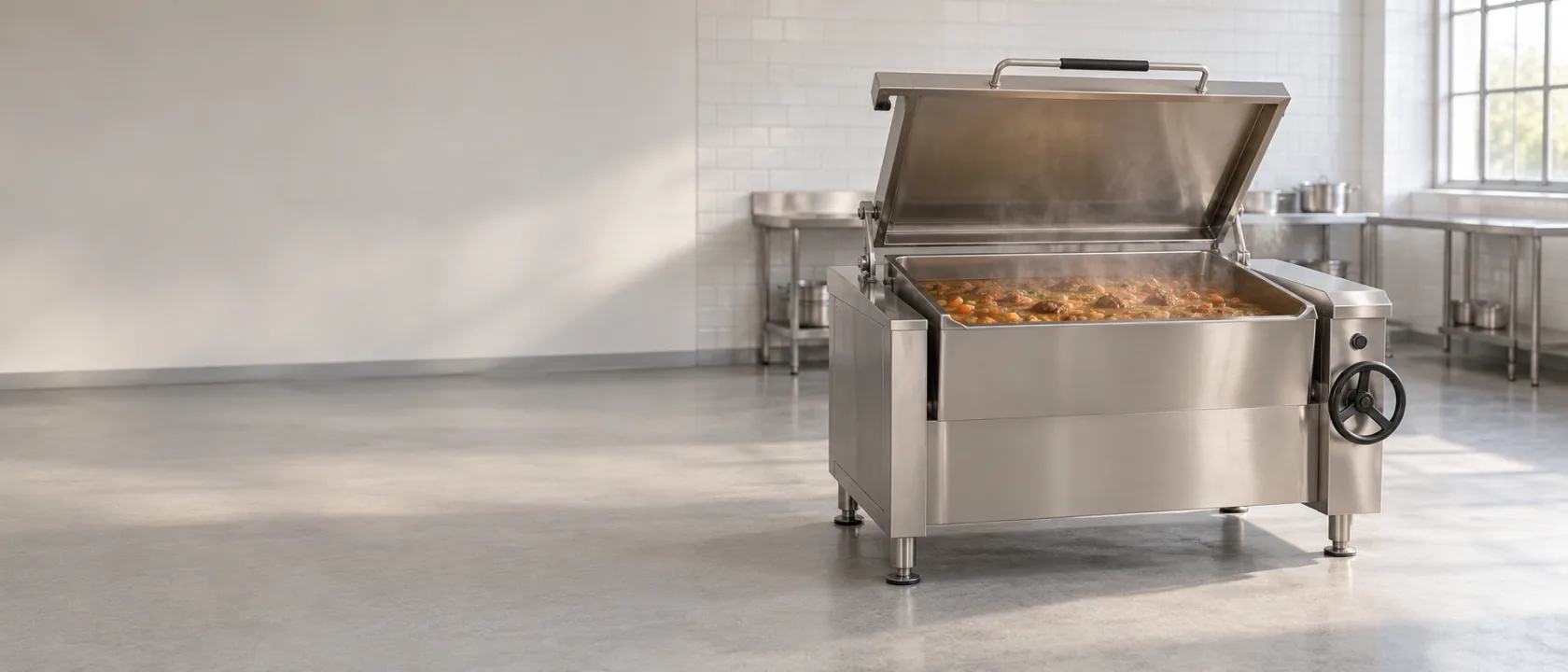 Sartén basculante industrial de acero inoxidable con la tapa abierta y un guiso cocinándose.
