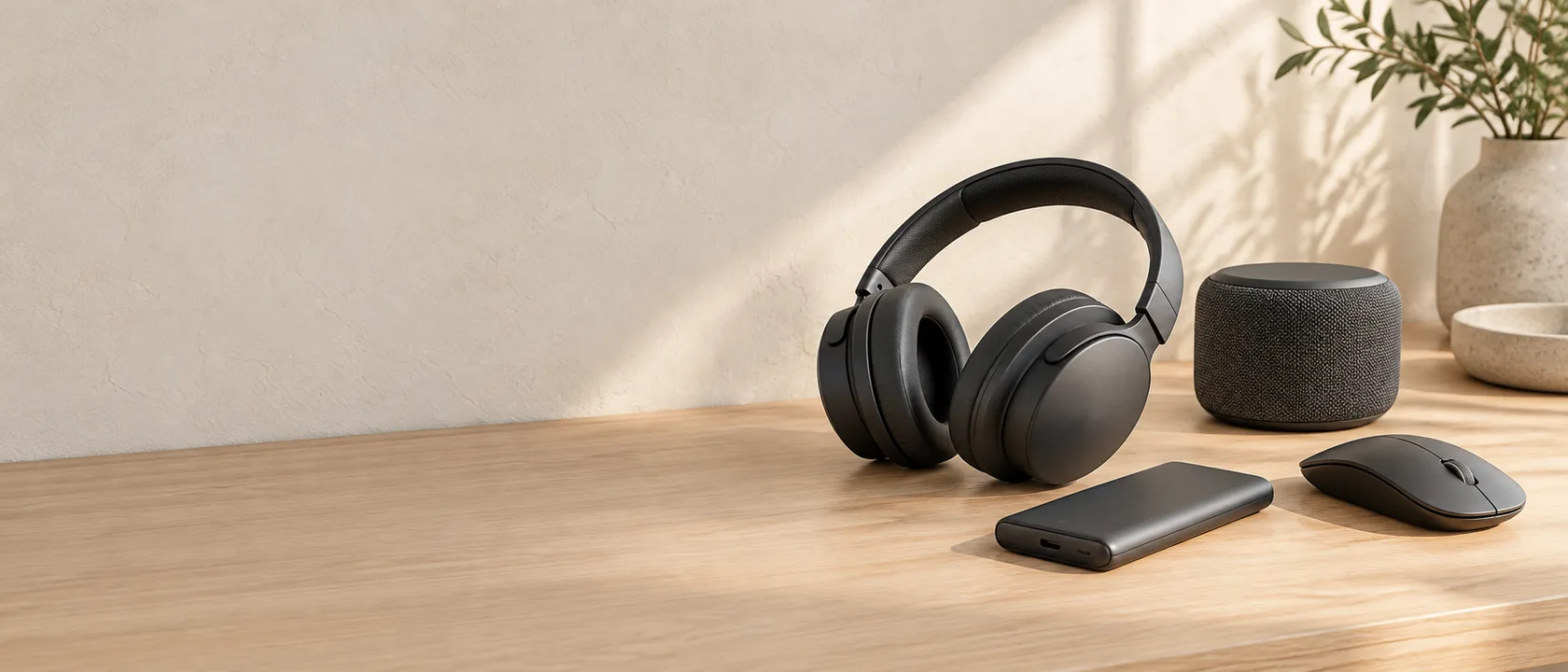 Auriculares inalámbricos, parlante bluetooth, batería portátil y mouse sobre un escritorio de madera clara.