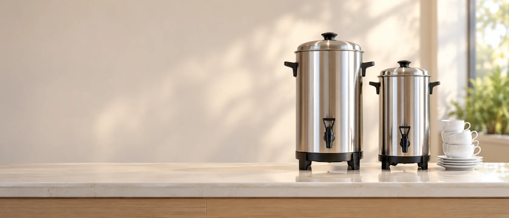 Dos termocafeteras de acero inoxidable con canilla sobre una mesada clara de desayuno, junto a tazas blancas.