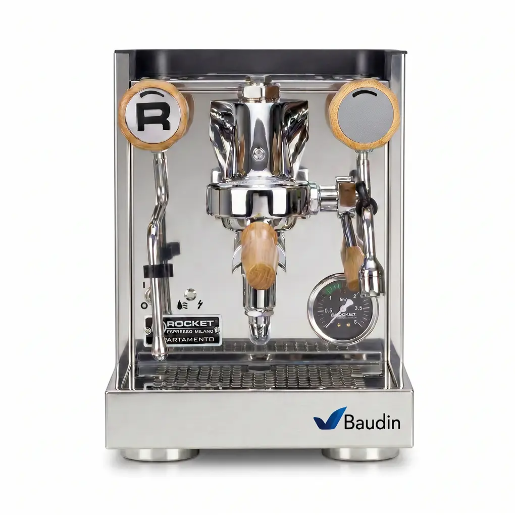 Cafetera espresso Rocket Appartamento TCA CE-WOOD en acero inoxidable y roble, vista de frente