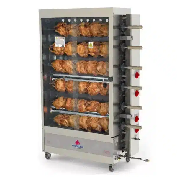 Spiedo 24 Pollos a gas rotativo 6 espadas quemadores tubulares con ruedas progas PR-634 con Pollos