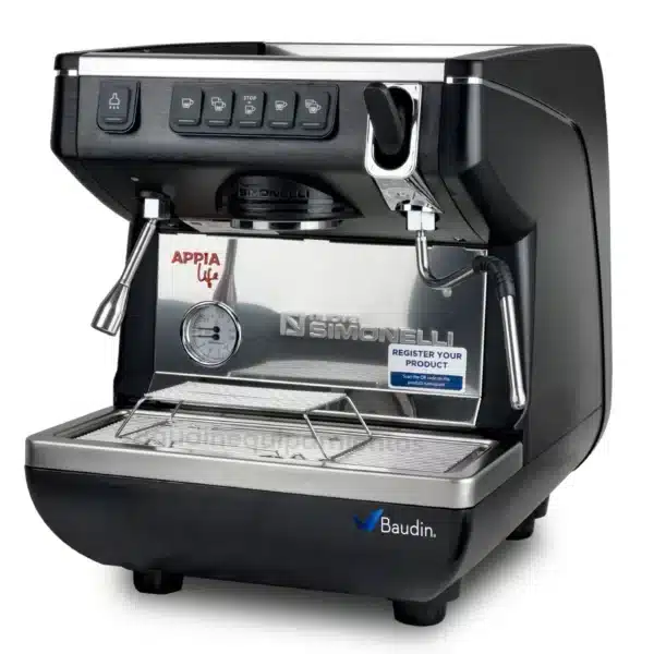 Cafetera Expresso 1 Grupo Vaso Alto Comercial Nuova Simonelli Appia Life Vista Lateral color Negro detalle en plata Principal