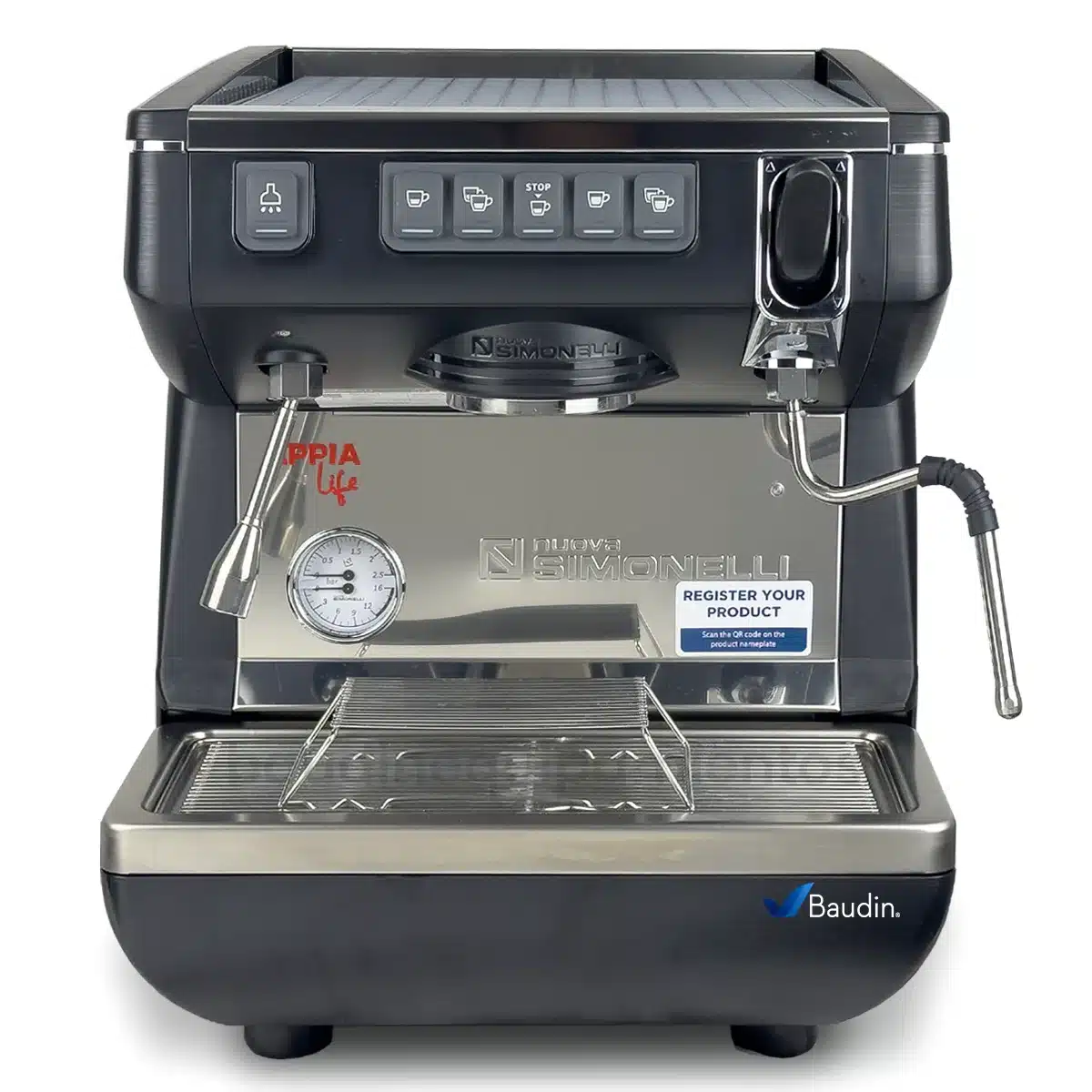 Cafetera 1 Grupo Comercial Nuova Simonelli Appia Life Vista Lateral color Negro detalle en plata Principal Frontal
