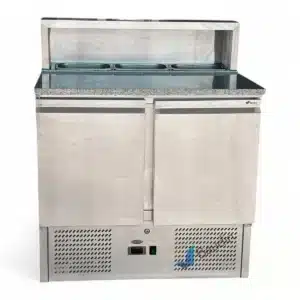 Bajo Mostrador Refrigerado con Topinera de acero inoxidable 90 cm ancho 2 puertas comercial 3 cubas con frio marca Kuma PS900