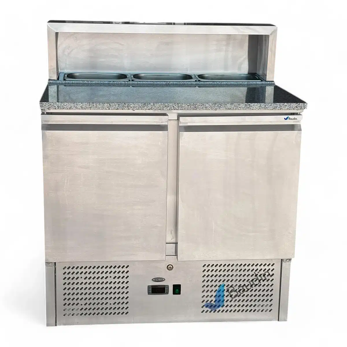 Bajo Mostrador Refrigerado con Topinera de acero inoxidable 90 cm ancho 2 puertas comercial 3 cubas con frio marca Kuma PS900