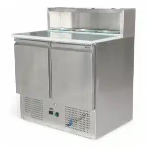 Bajo Mostrador Refrigerado con Topinera de acero inoxidable 90 cm ancho 2 puertas comercial 3 cubas con frio marca Kuma PS900