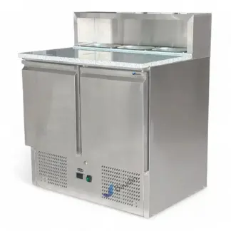 Bajo Mostrador Refrigerado con Topinera de acero inoxidable 90 cm ancho 2 puertas comercial 3 cubas con frio marca Kuma PS900