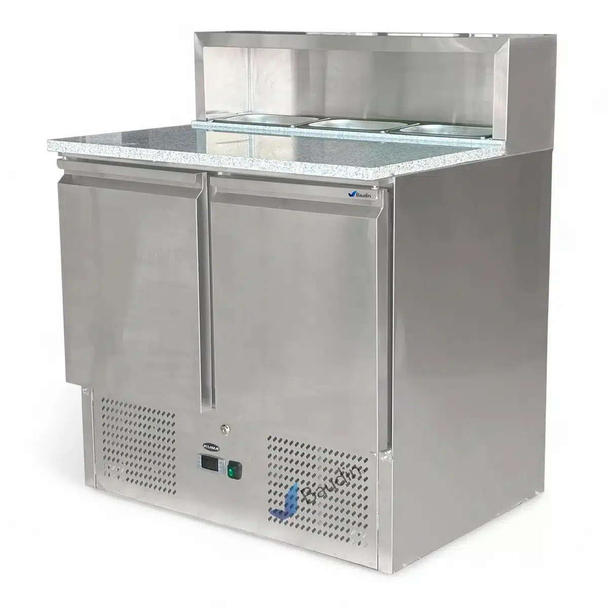 Bajo Mostrador Refrigerado con Topinera de acero inoxidable 90 cm ancho 2 puertas comercial 3 cubas con frio marca Kuma PS900
