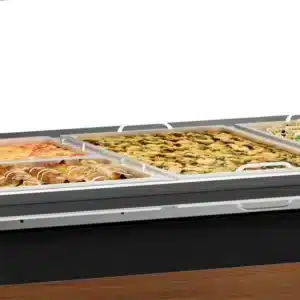 Mesa Buffet Caliente 6 cubas acero inoxidable con tapa Gelopar Cubas con comida