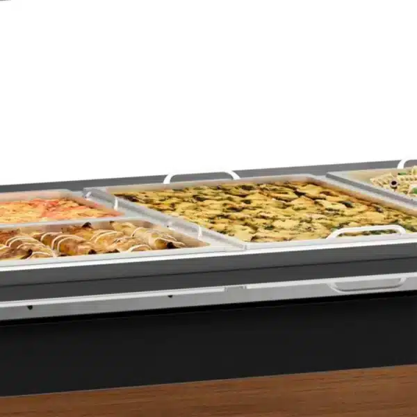 Mesa Buffet Caliente 6 cubas acero inoxidable con tapa Gelopar Cubas con comida