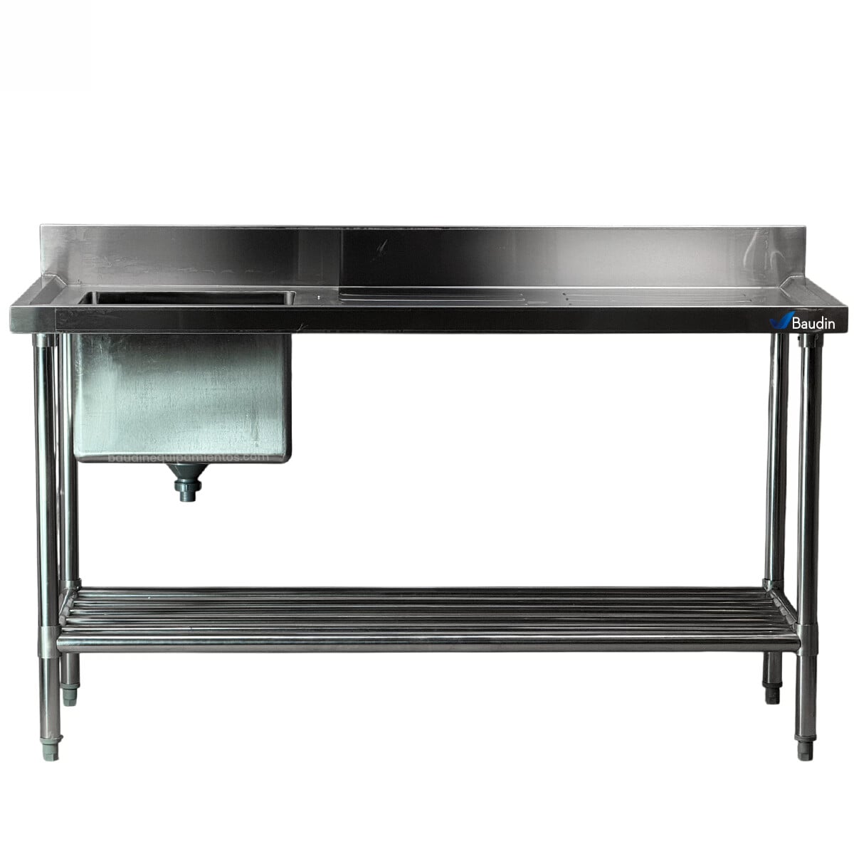 Mesada Acero Inox 150cm con Bacha Central y Zócalo Lundar DM35-6-1500