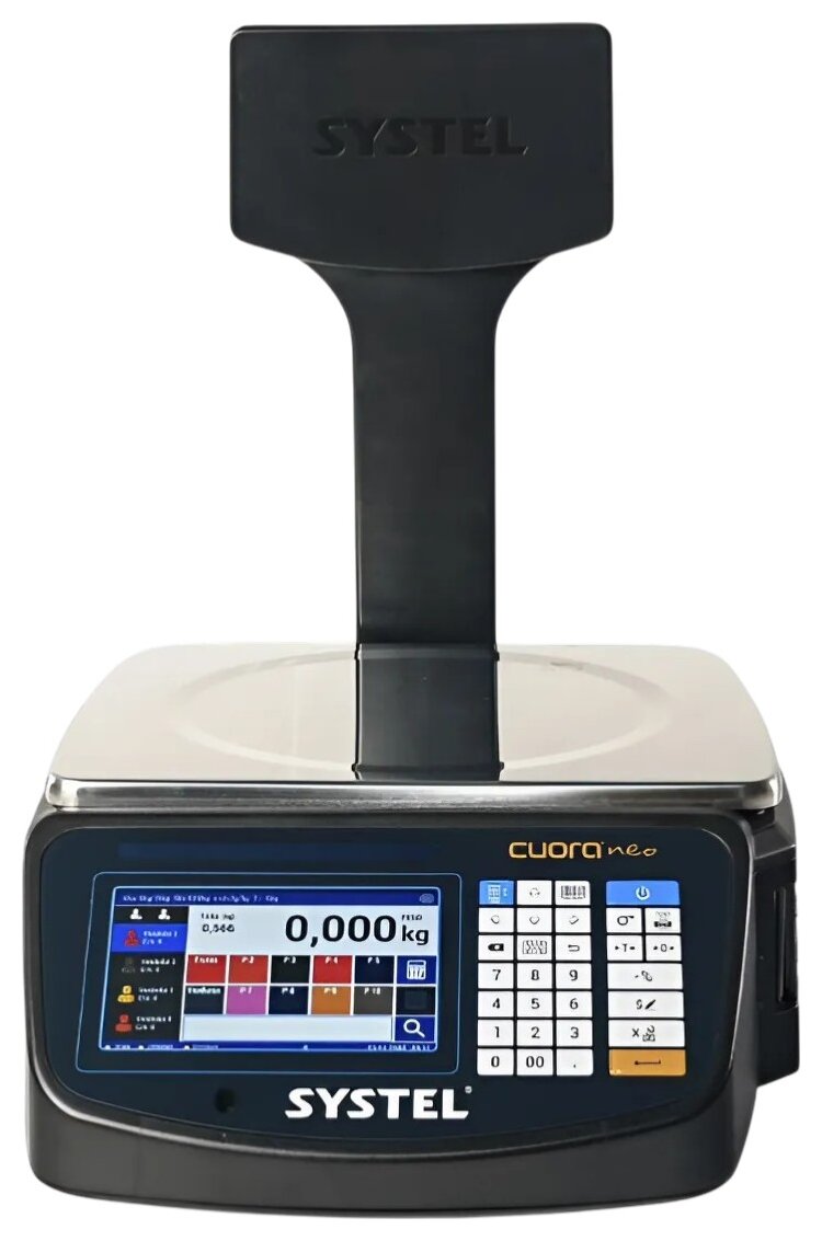 Balanza Systel Cuora Neo 30 kg con pantalla táctil – vista de frente con mástil