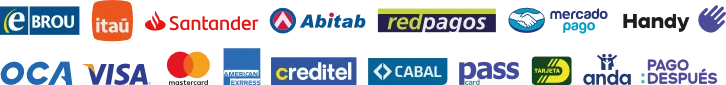 Métodos de pago: BROU, Itaú, Santander, RedPagos, Abitab, MercadoPago, OCA, Visa, Mastercard, AmEx, Creditel, Pass, Cabal
