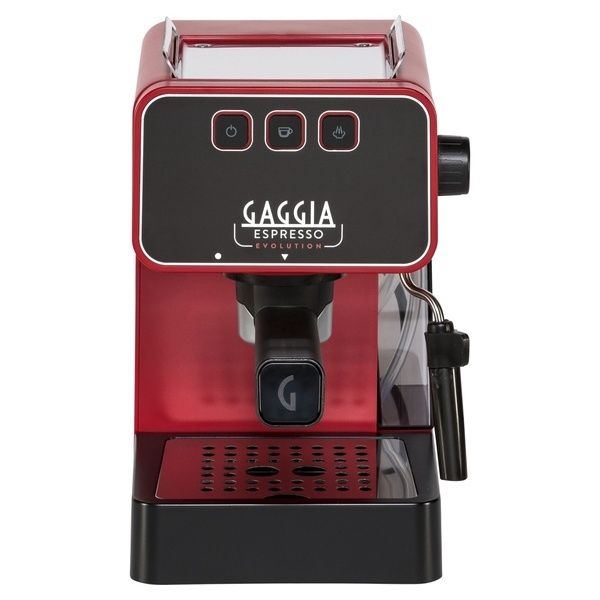 Vista frontal de la cafetera Gaggia Espresso Evolution EG2115/03 roja con bandeja recogegotas
