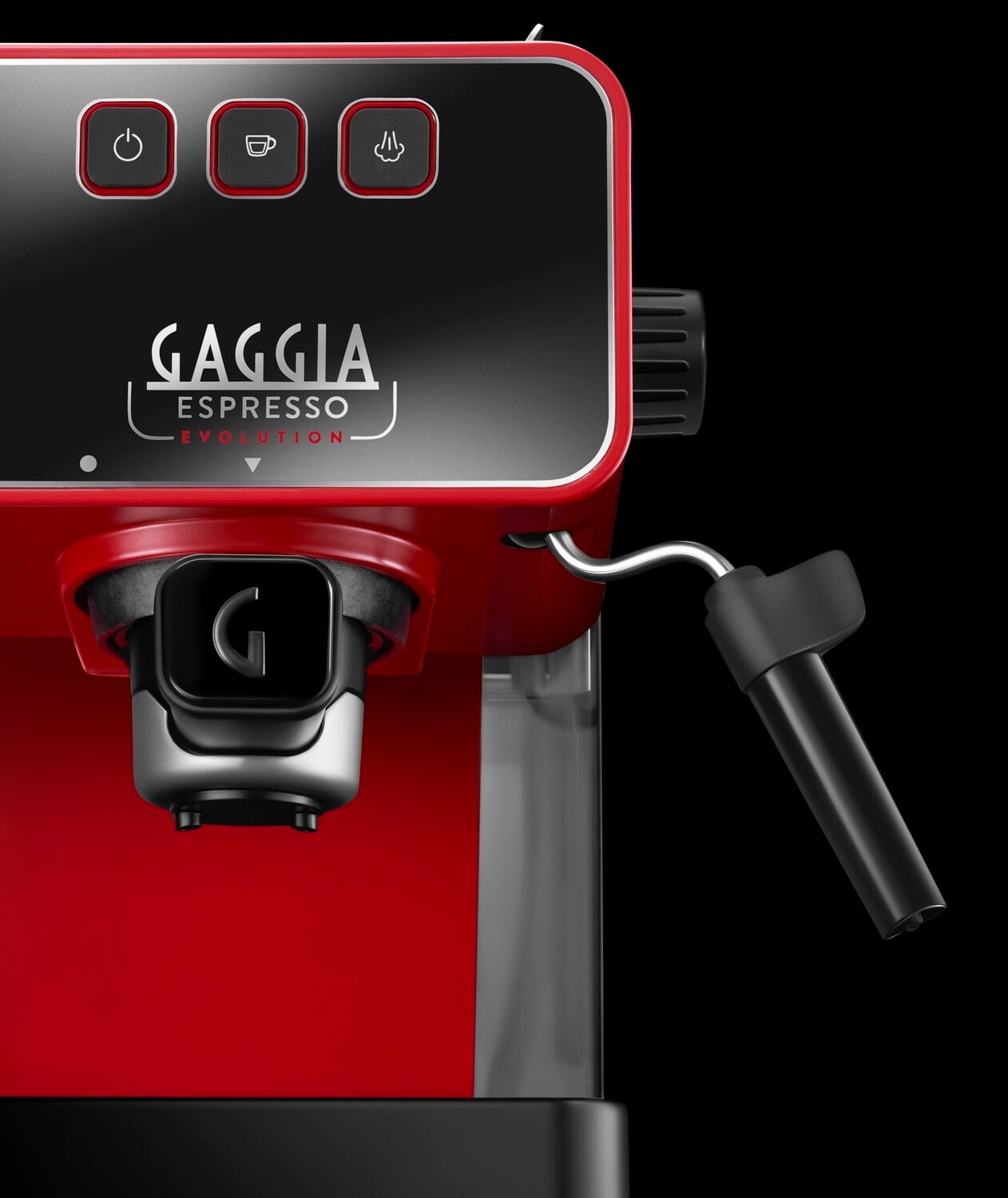 Detalle del grupo erogador y del pannarello clasico de la Gaggia Espresso Evolution EG2115/03 roja
